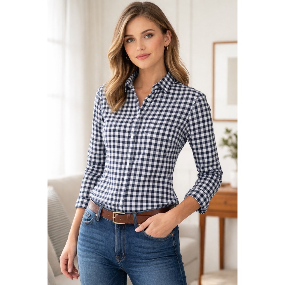J.Crew Black White Gingham Cotton Button Front Blouse Small Long Sleeve Shirt